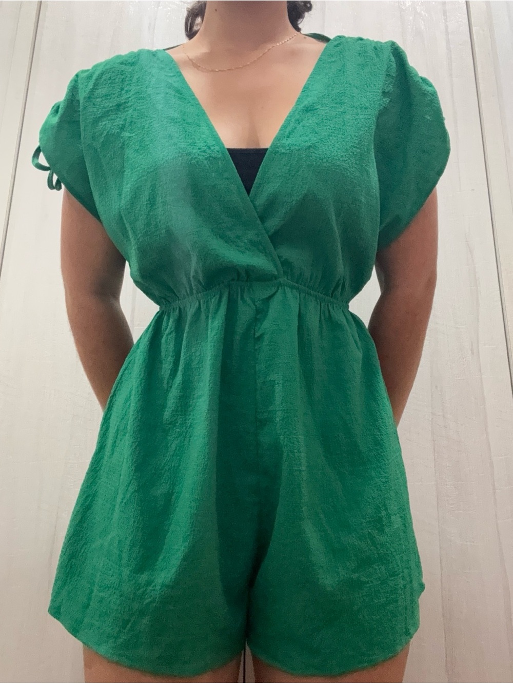 Green V-Neck Short Sleeve Women's Romper